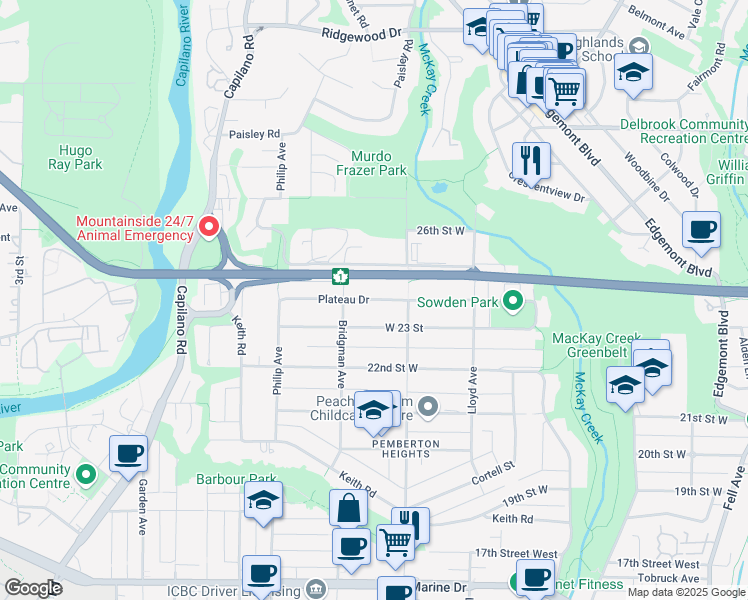 map of restaurants, bars, coffee shops, grocery stores, and more near 1251 Plateau Drive in North Vancouver
