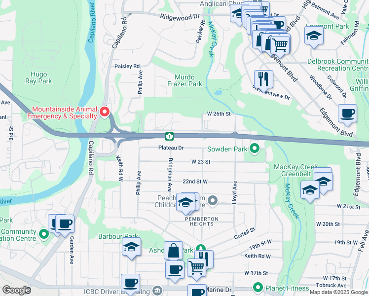 map of restaurants, bars, coffee shops, grocery stores, and more near 1255 Plateau Drive in North Vancouver