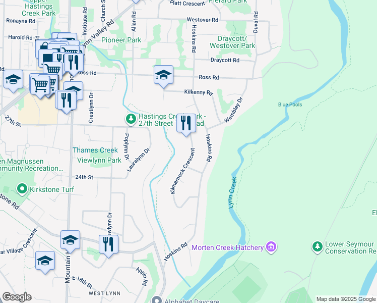 map of restaurants, bars, coffee shops, grocery stores, and more near 2573 Kilmarnock Crescent in North Vancouver