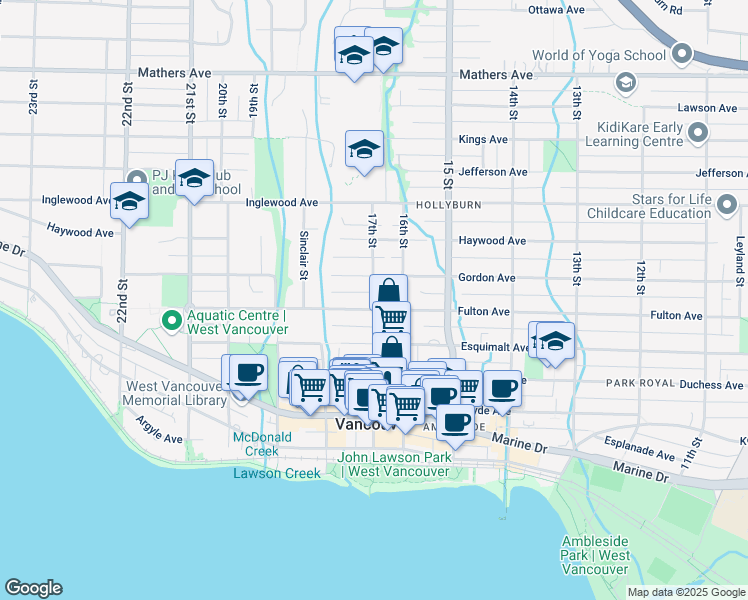 map of restaurants, bars, coffee shops, grocery stores, and more near 828 17 Street in West Vancouver