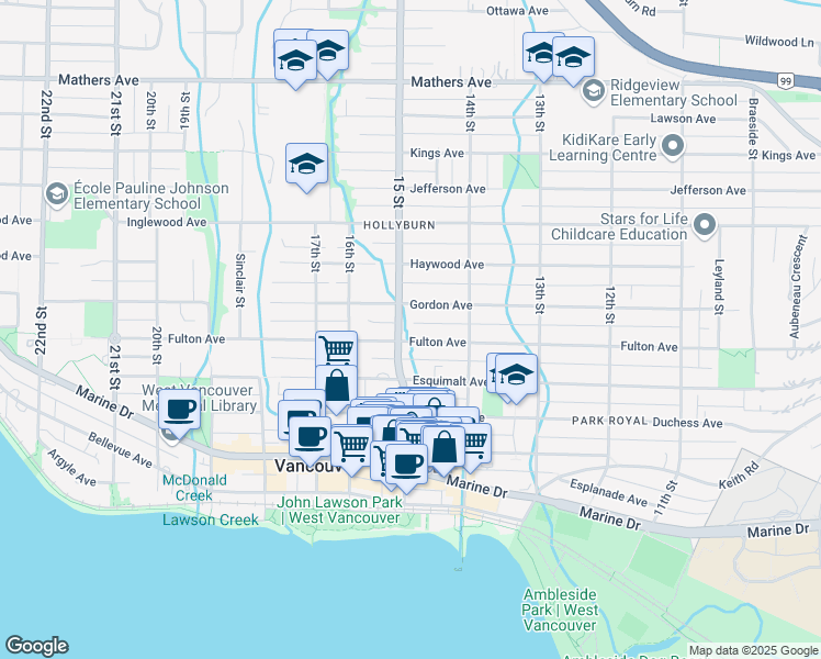 map of restaurants, bars, coffee shops, grocery stores, and more near 1483 Fulton Avenue in West Vancouver