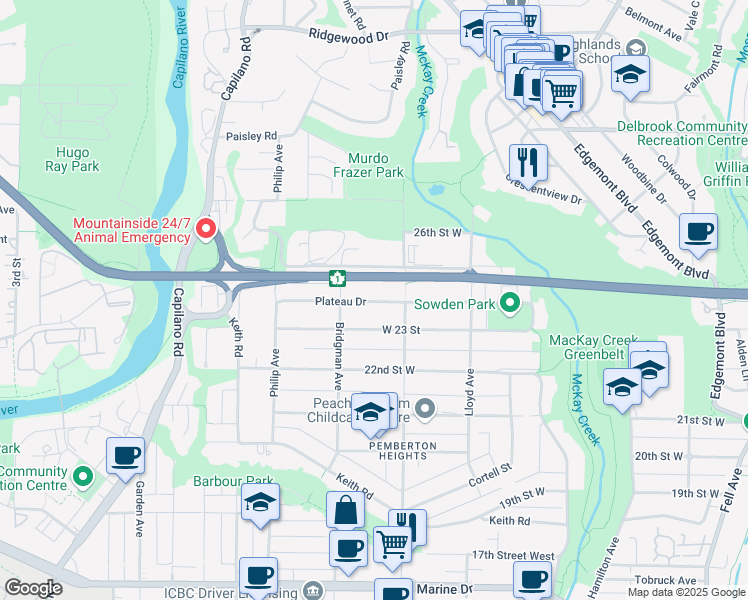 map of restaurants, bars, coffee shops, grocery stores, and more near 1260 Plateau Drive in North Vancouver