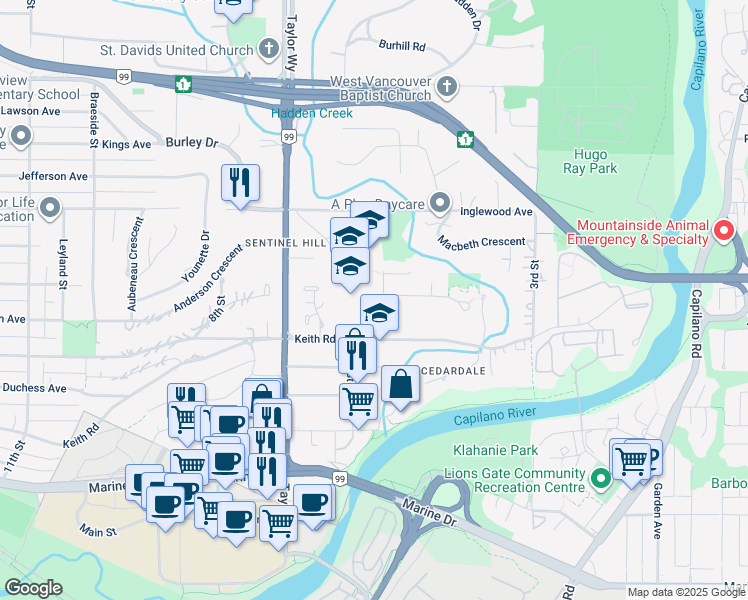 map of restaurants, bars, coffee shops, grocery stores, and more near 865 Margaree Place in West Vancouver