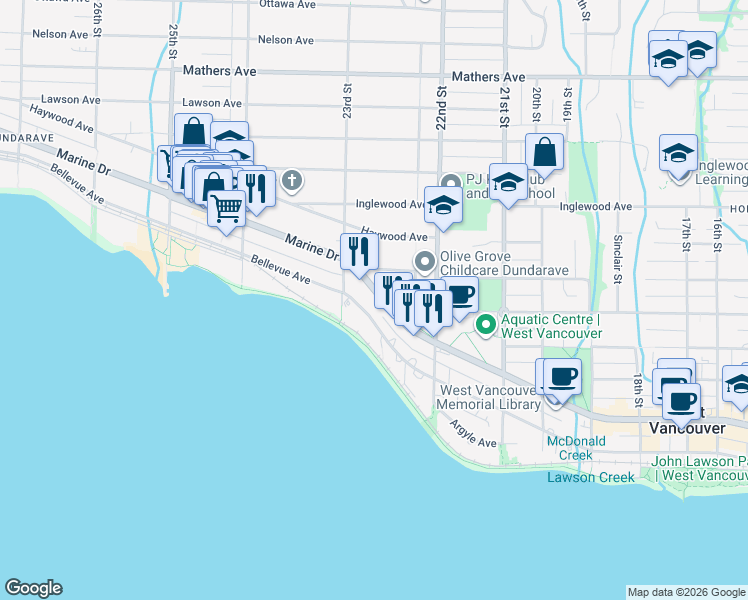 map of restaurants, bars, coffee shops, grocery stores, and more near 2271 Bellevue Avenue in West Vancouver