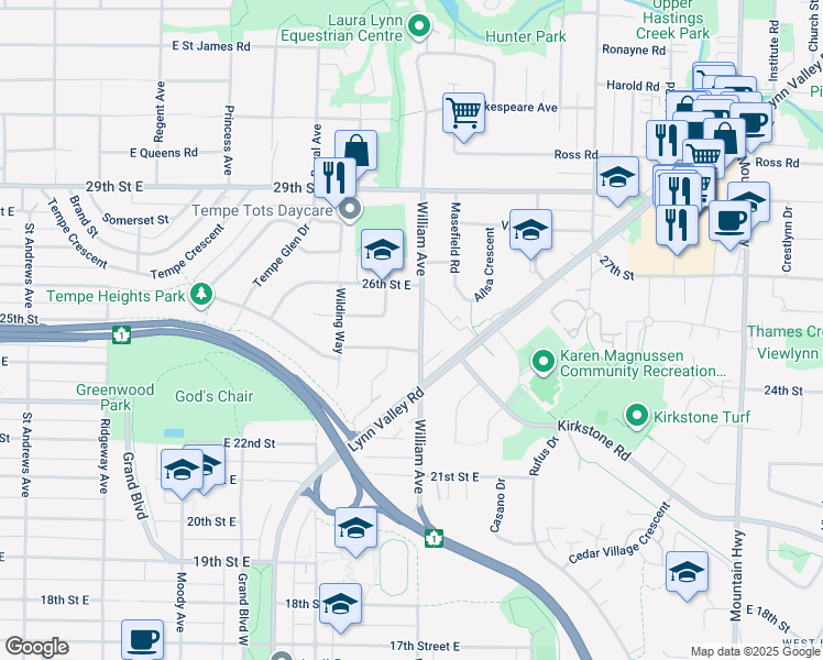 map of restaurants, bars, coffee shops, grocery stores, and more near 2505 William Avenue in North Vancouver