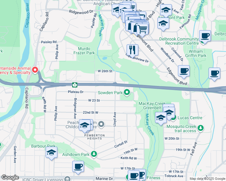 map of restaurants, bars, coffee shops, grocery stores, and more near 2405 Lloyd Avenue in North Vancouver