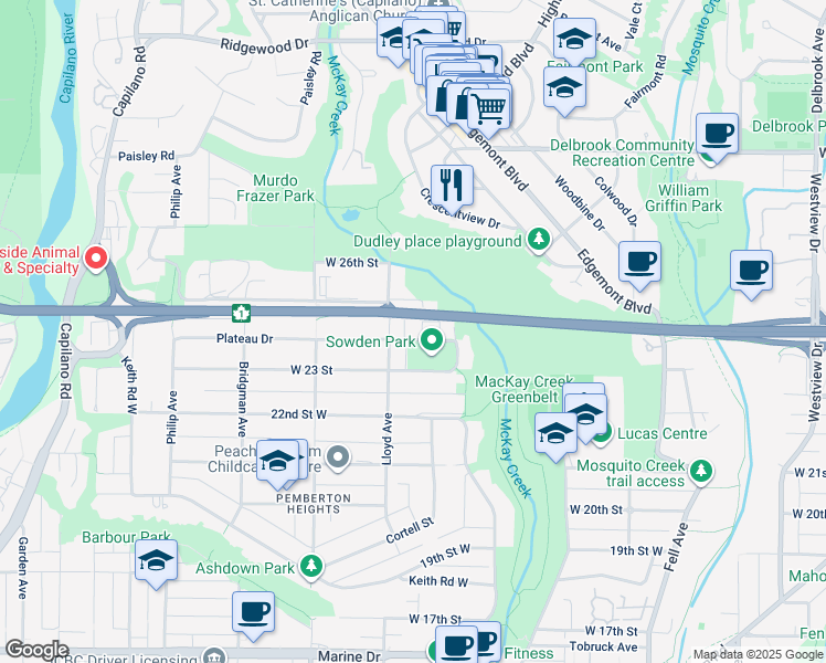 map of restaurants, bars, coffee shops, grocery stores, and more near 2411 George Street in North Vancouver