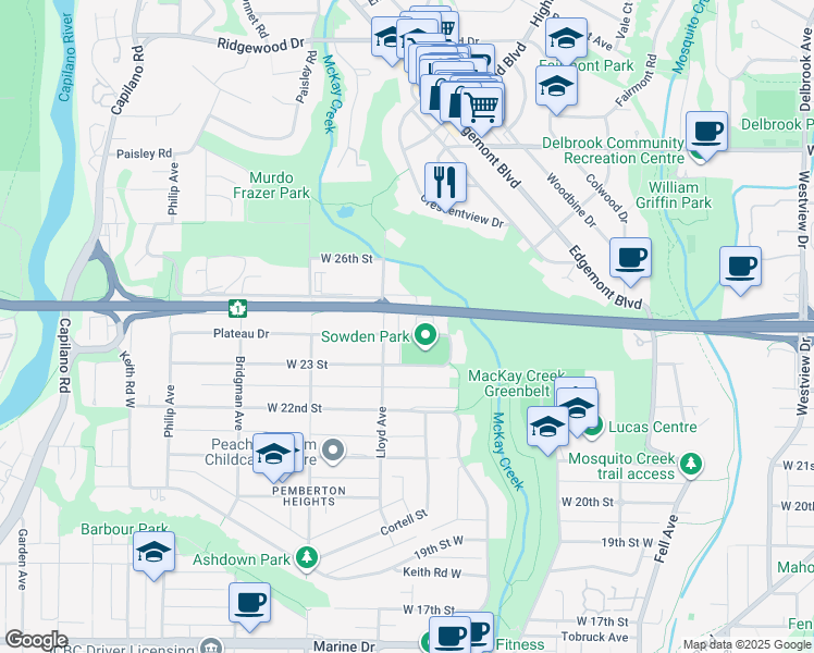 map of restaurants, bars, coffee shops, grocery stores, and more near 2411 George Street in North Vancouver