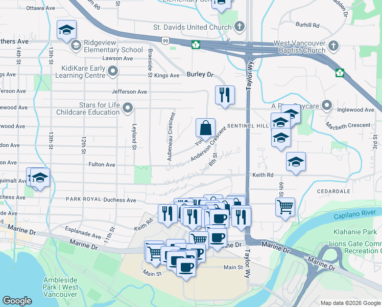 map of restaurants, bars, coffee shops, grocery stores, and more near 868 Younette Drive in West Vancouver