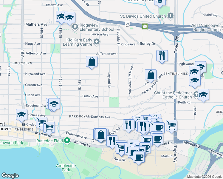 map of restaurants, bars, coffee shops, grocery stores, and more near 870 Leyland Street in West Vancouver
