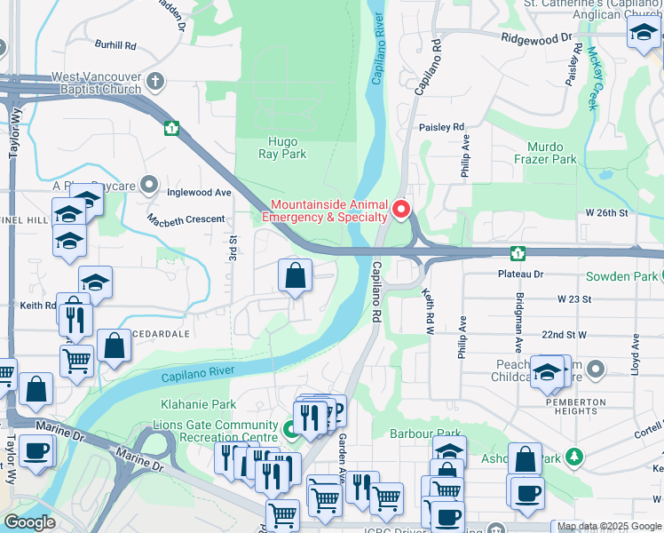 map of restaurants, bars, coffee shops, grocery stores, and more near 130 West Keith Road in North Vancouver