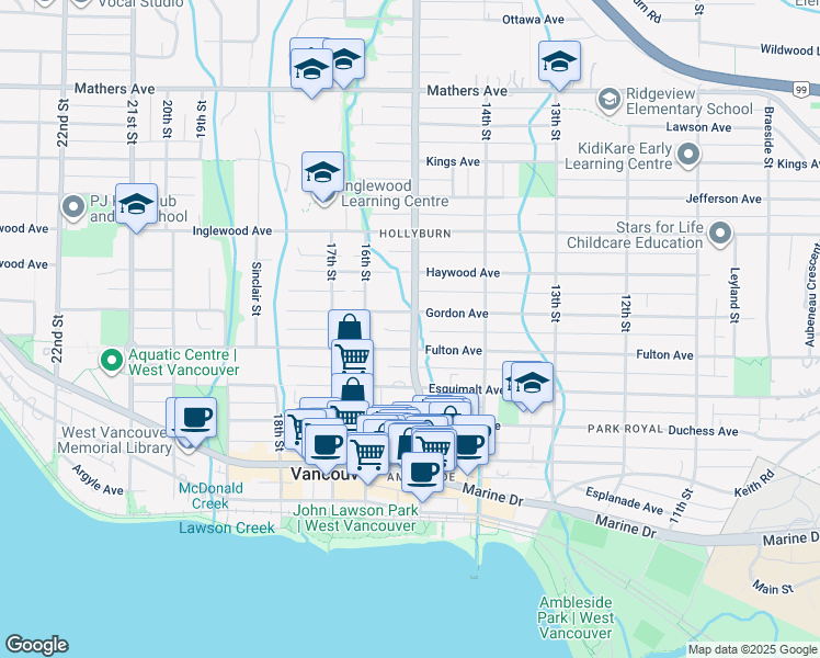 map of restaurants, bars, coffee shops, grocery stores, and more near 863 15th Street West in North Vancouver
