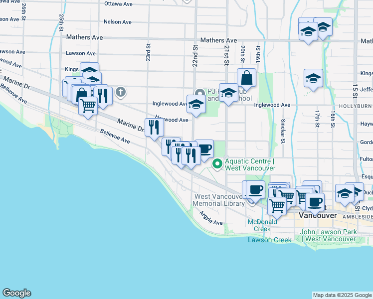 map of restaurants, bars, coffee shops, grocery stores, and more near in West Vancouver