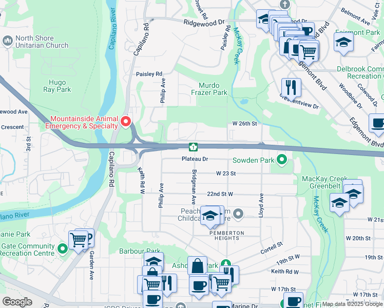 map of restaurants, bars, coffee shops, grocery stores, and more near 1295 Plateau Drive in North Vancouver