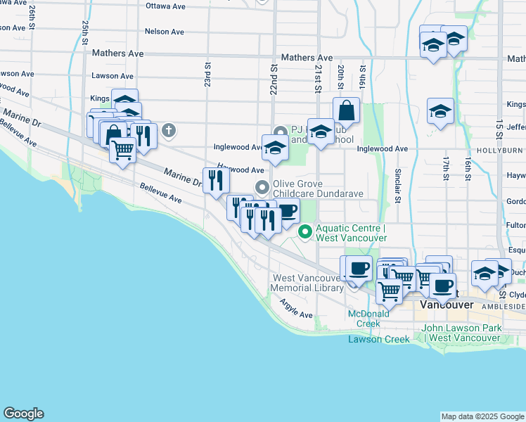 map of restaurants, bars, coffee shops, grocery stores, and more near 843 22nd Street in West Vancouver