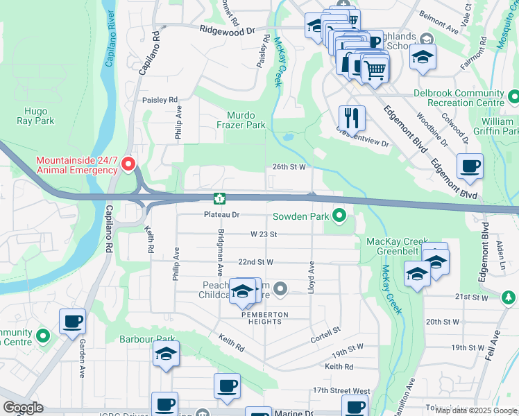 map of restaurants, bars, coffee shops, grocery stores, and more near 1216 Plateau Drive in North Vancouver