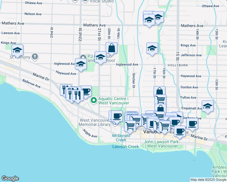 map of restaurants, bars, coffee shops, grocery stores, and more near 866 20th Street in West Vancouver