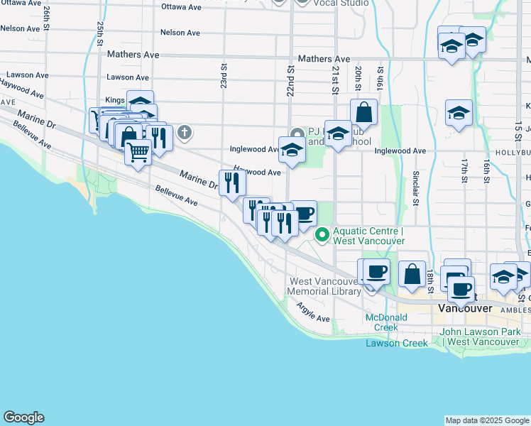 map of restaurants, bars, coffee shops, grocery stores, and more near 2257 Fulton Avenue in West Vancouver