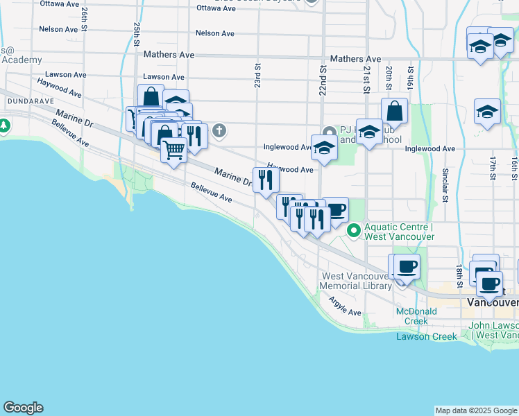 map of restaurants, bars, coffee shops, grocery stores, and more near 2289 Bellevue Avenue in West Vancouver