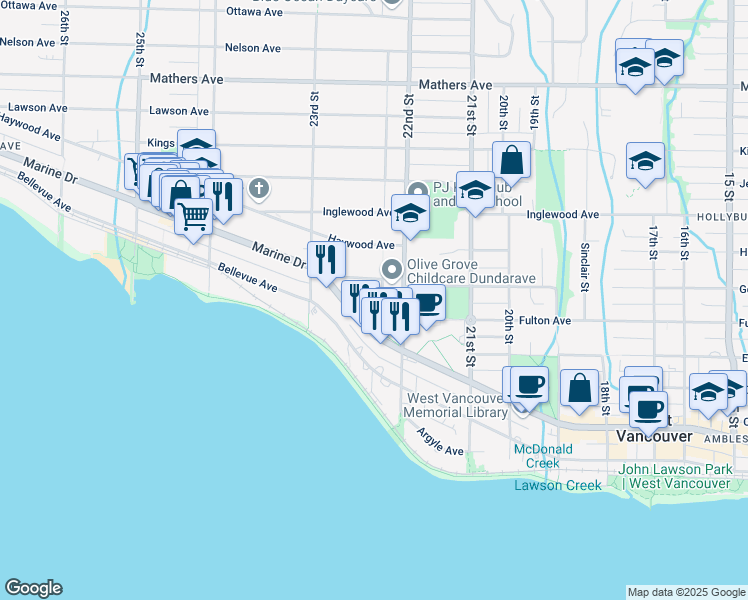 map of restaurants, bars, coffee shops, grocery stores, and more near in Vancouver