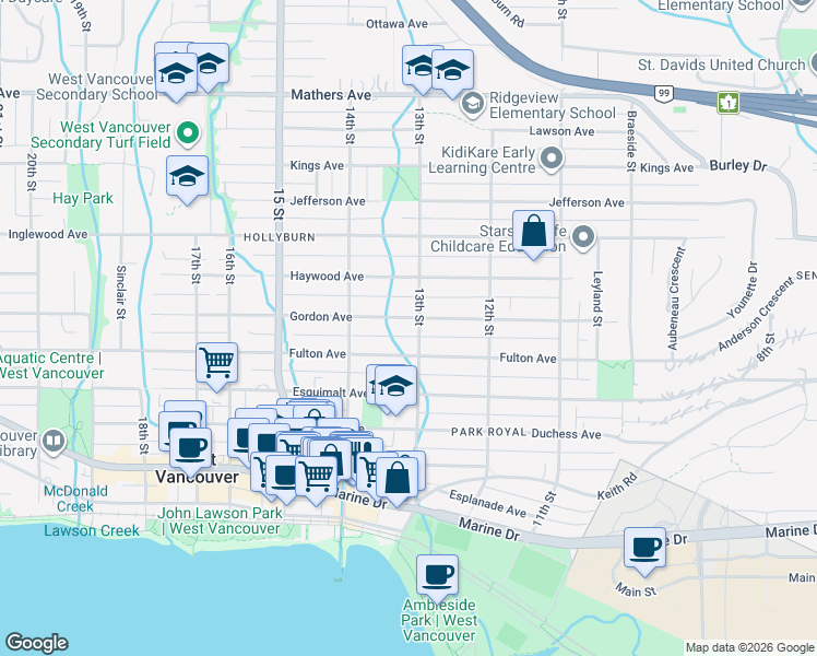 map of restaurants, bars, coffee shops, grocery stores, and more near 1312 Gordon Avenue in West Vancouver