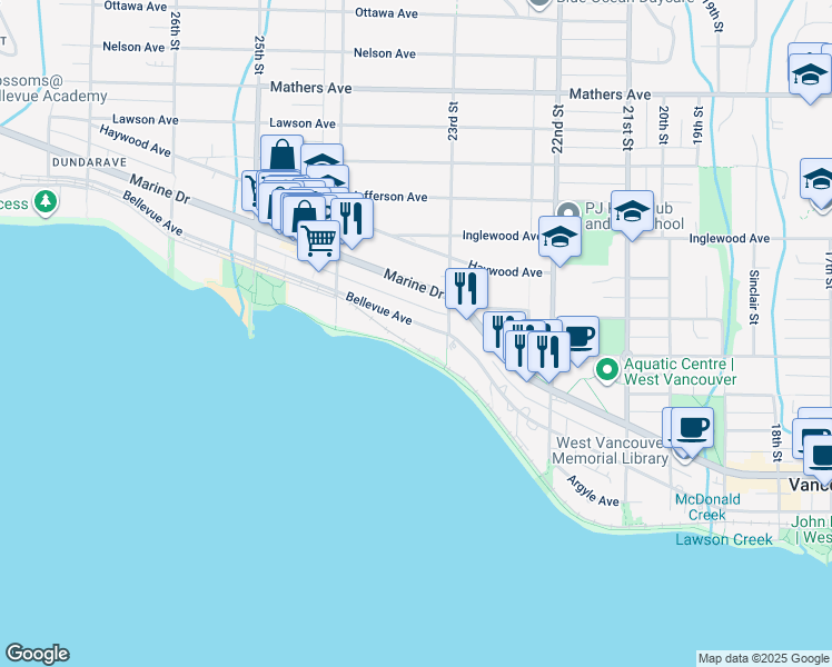 map of restaurants, bars, coffee shops, grocery stores, and more near 2328 Bellevue Avenue in West Vancouver