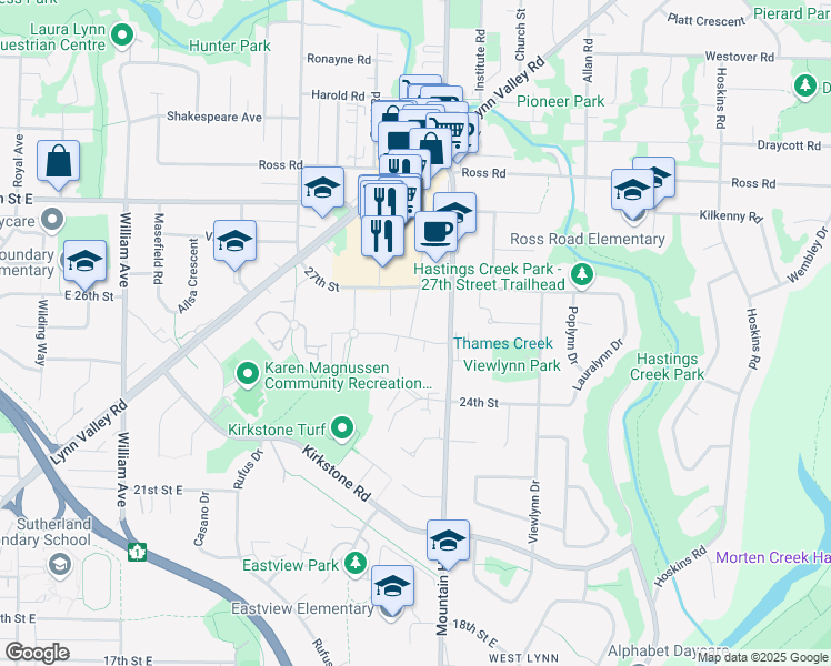 map of restaurants, bars, coffee shops, grocery stores, and more near in North Vancouver