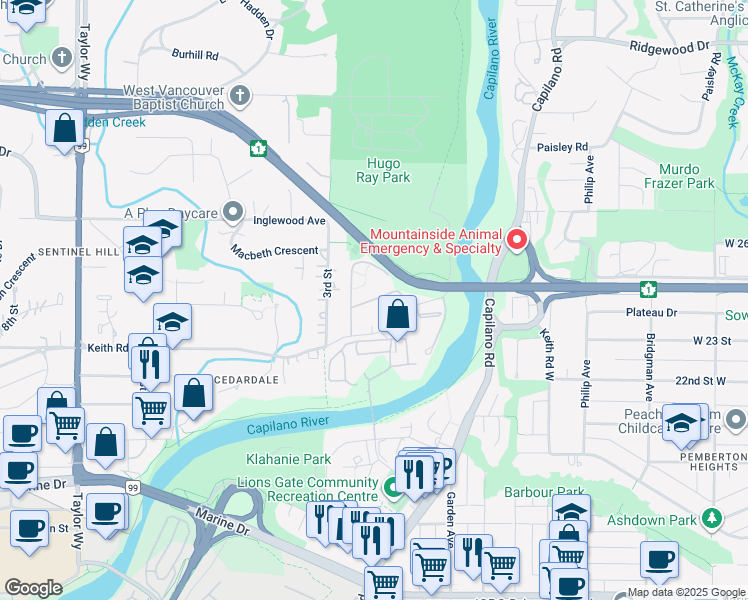 map of restaurants, bars, coffee shops, grocery stores, and more near 235 Keith Road in West Vancouver