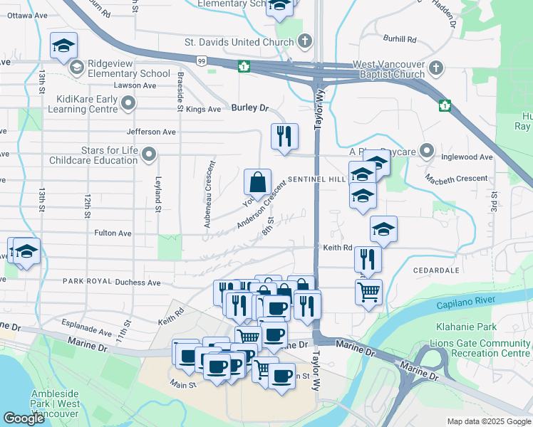 map of restaurants, bars, coffee shops, grocery stores, and more near 816 Anderson Crescent in West Vancouver