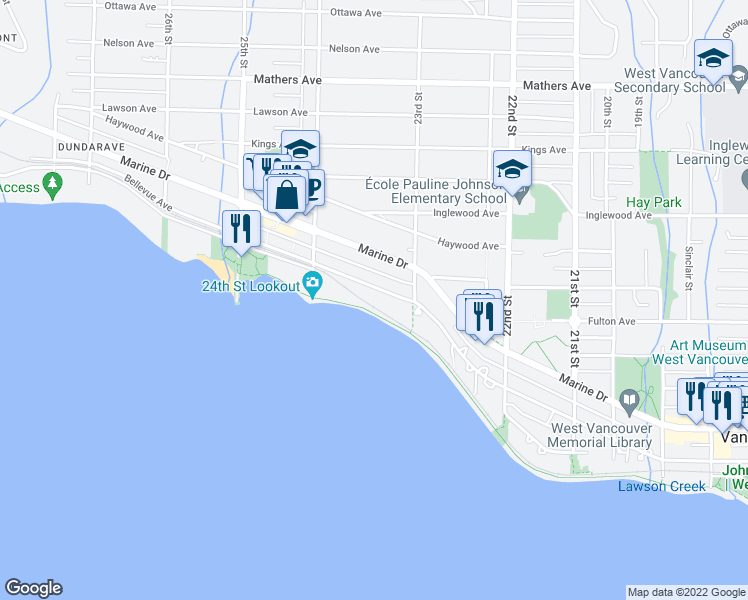 map of restaurants, bars, coffee shops, grocery stores, and more near 2340 Bellevue Avenue in West Vancouver