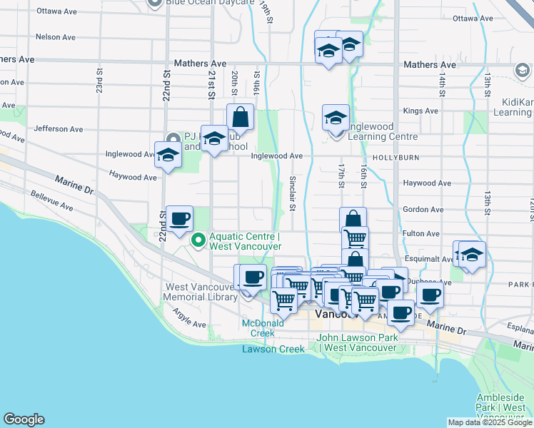 map of restaurants, bars, coffee shops, grocery stores, and more near 819 19th Street in West Vancouver