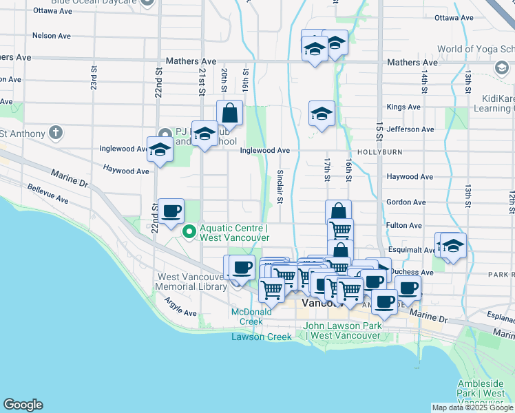 map of restaurants, bars, coffee shops, grocery stores, and more near 819 19th Street in West Vancouver