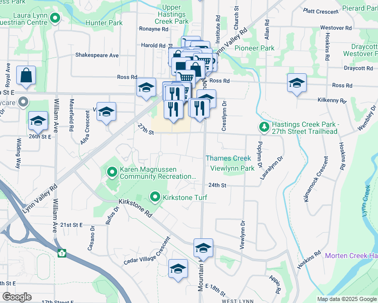 map of restaurants, bars, coffee shops, grocery stores, and more near 2632 Library Lane in North Vancouver