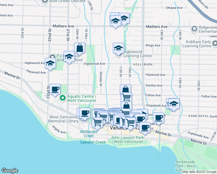 map of restaurants, bars, coffee shops, grocery stores, and more near 1788 Gordon Avenue in West Vancouver