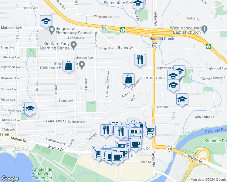 map of restaurants, bars, coffee shops, grocery stores, and more near 919 Younette Drive in West Vancouver