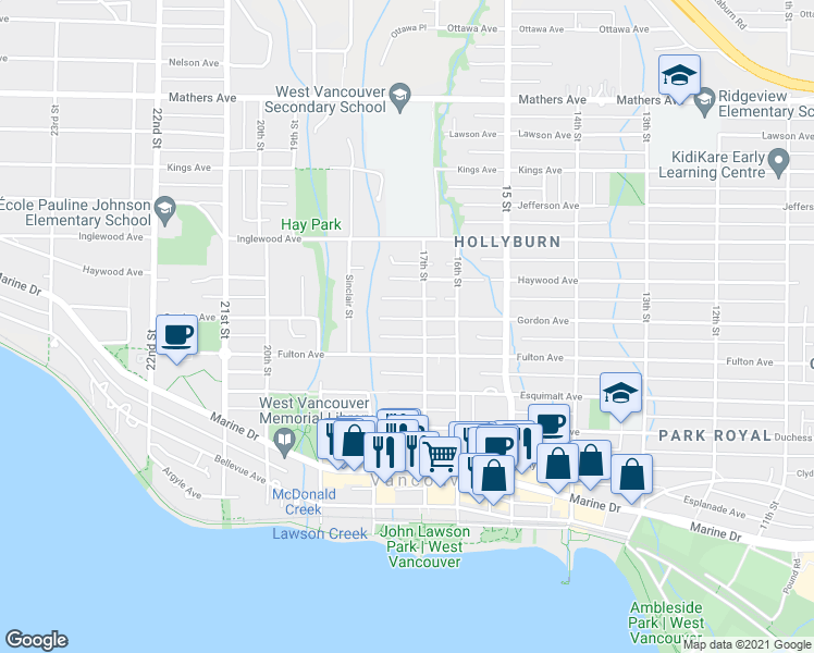 map of restaurants, bars, coffee shops, grocery stores, and more near 1728 Gordon Avenue in West Vancouver