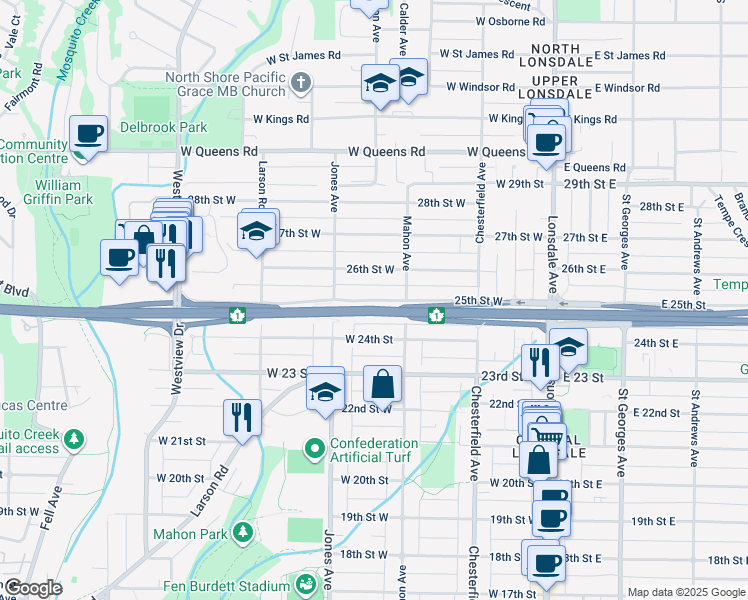 map of restaurants, bars, coffee shops, grocery stores, and more near 25th Street West in North Vancouver
