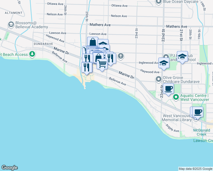 map of restaurants, bars, coffee shops, grocery stores, and more near in Vancouver