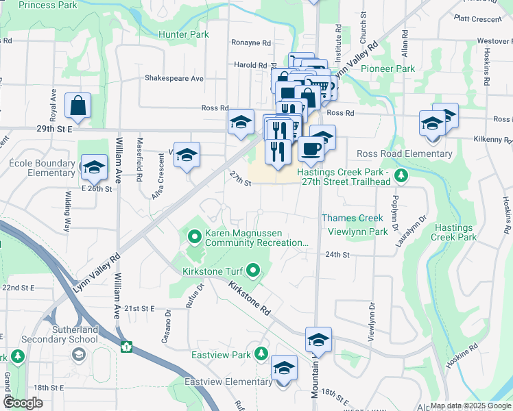 map of restaurants, bars, coffee shops, grocery stores, and more near 2601 Whiteley Court in North Vancouver