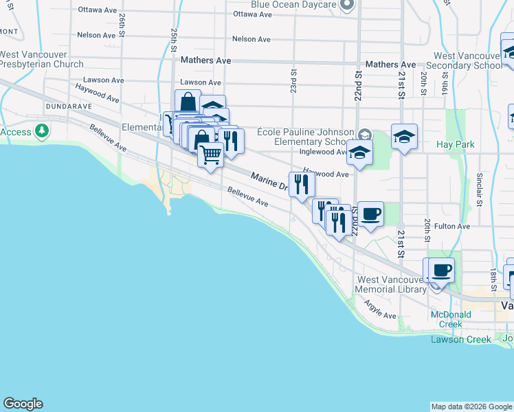 map of restaurants, bars, coffee shops, grocery stores, and more near 2340 Bellevue Avenue in West Vancouver