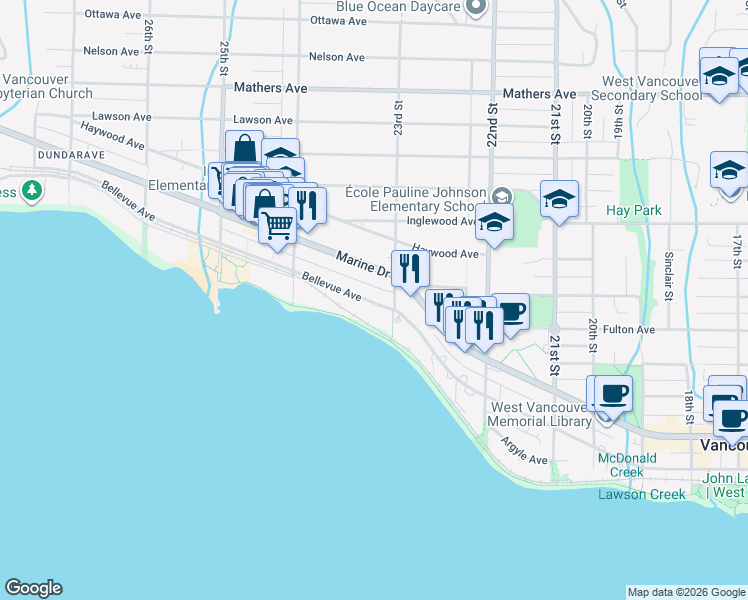 map of restaurants, bars, coffee shops, grocery stores, and more near 2317 Bellevue Avenue in West Vancouver
