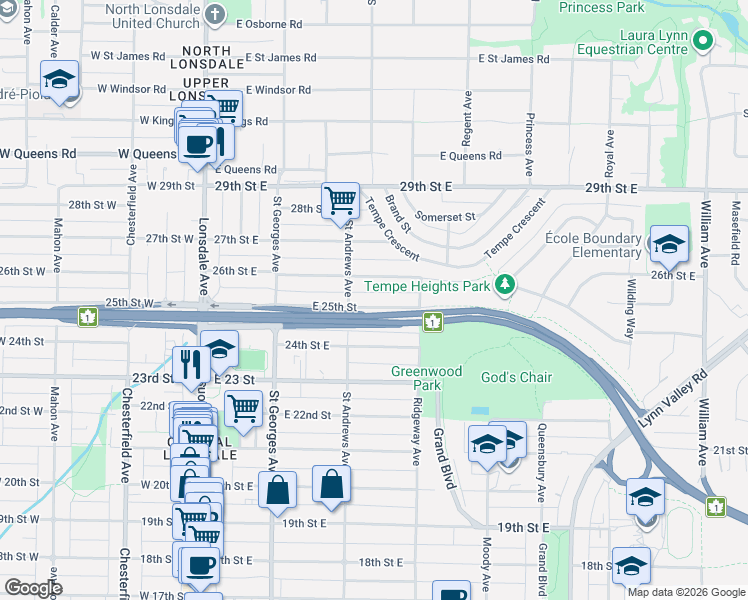 map of restaurants, bars, coffee shops, grocery stores, and more near 322 East 25th Street in North Vancouver
