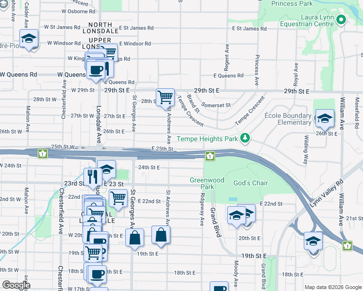 map of restaurants, bars, coffee shops, grocery stores, and more near 322 East 25th Street in North Vancouver