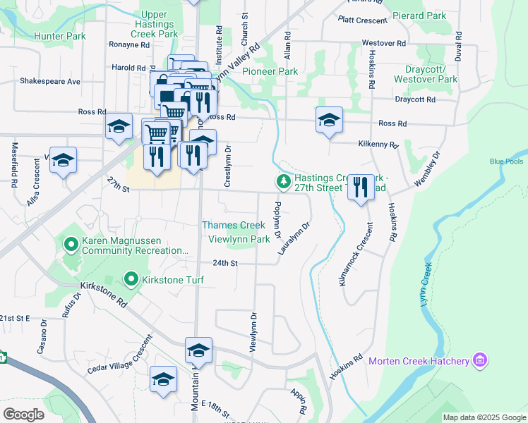 map of restaurants, bars, coffee shops, grocery stores, and more near 2640 Viewlynn Drive in North Vancouver