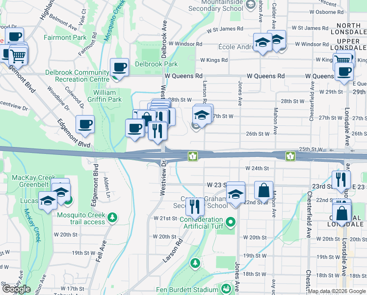 map of restaurants, bars, coffee shops, grocery stores, and more near 538 25th Street West in North Vancouver