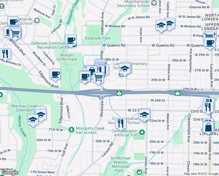 map of restaurants, bars, coffee shops, grocery stores, and more near 552 W 25 St in North Vancouver