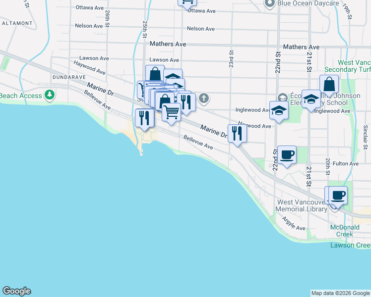 map of restaurants, bars, coffee shops, grocery stores, and more near in Vancouver