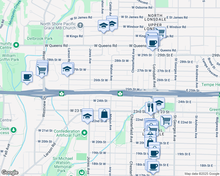 map of restaurants, bars, coffee shops, grocery stores, and more near 2400 Mahon Avenue in North Vancouver