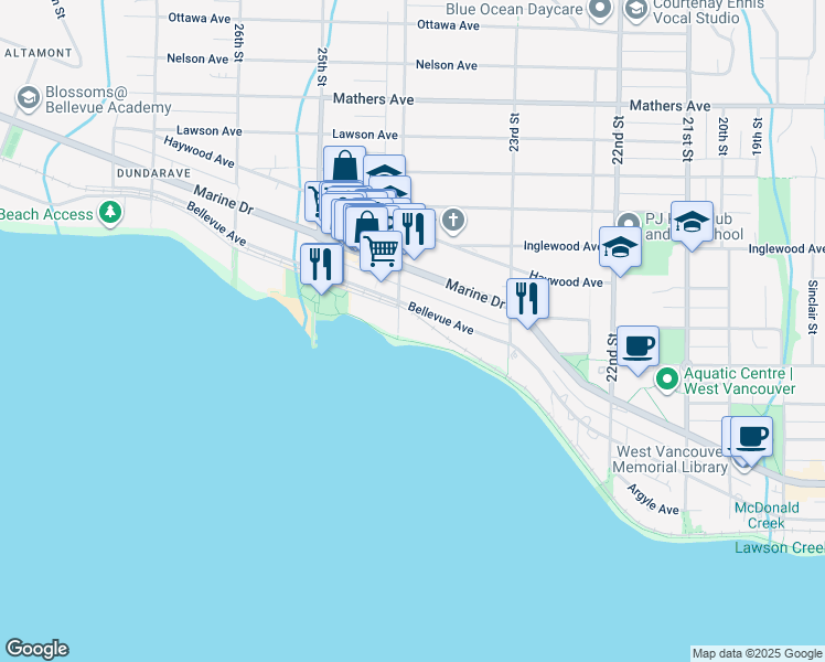 map of restaurants, bars, coffee shops, grocery stores, and more near 150 24th Street in West Vancouver