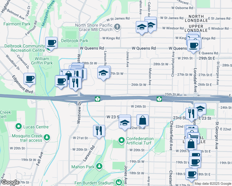 map of restaurants, bars, coffee shops, grocery stores, and more near 432 25th Street West in North Vancouver